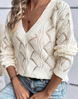 Women Hollow Out Knit V Neck Drop Shoulder Sweater