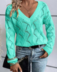 Women Hollow Out Knit V Neck Drop Shoulder Sweater