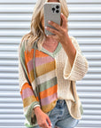 Women Oversized Colorblock V Neck Hooded Sweater