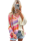 Women Oversized Colorblock V Neck Hooded Sweater