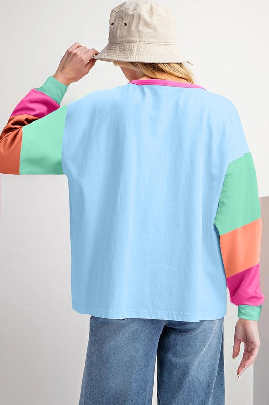 Women Colorblock Patchwork Long Sleeve Loose Top