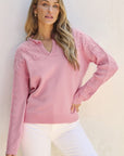 Women Flower Detail Knitted Notched Neck Sweater