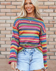 Multicolor Jacquard Geo Long Sleeve T Shirt