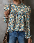 Women Floral Print Mock Neck Puff Sleeve Blouse