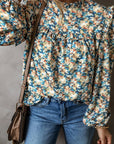 Women Floral Print Mock Neck Puff Sleeve Blouse