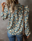 Women Floral Print Mock Neck Puff Sleeve Blouse