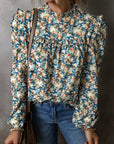 Women Floral Print Mock Neck Puff Sleeve Blouse