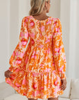 Abstract Smocked Bust Lantern Ruffle Mini Dress