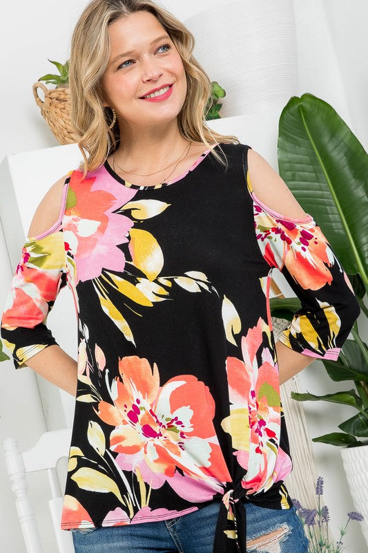 e Luna PLUS Floral Print Cold Shoulder Top