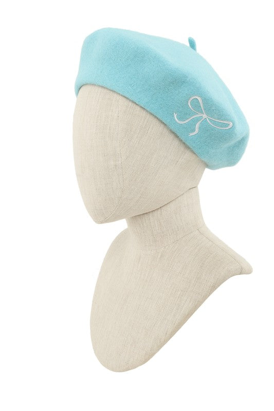 Solid Wool Beret with Ribbon Embroidered