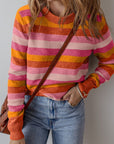 Striped Ribbed Edge Round Neck Sweater