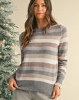 Striped Ribbed Edge Round Neck Sweater