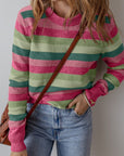 Striped Ribbed Edge Round Neck Sweater