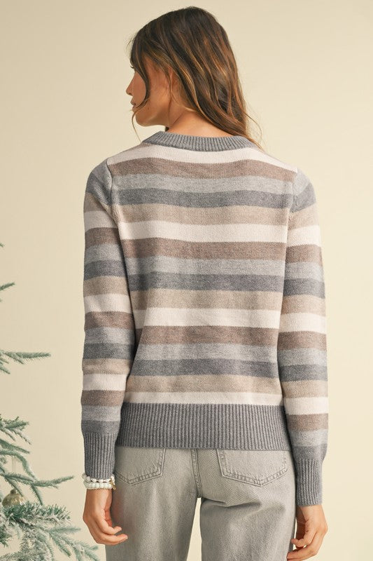 Striped Ribbed Edge Round Neck Sweater