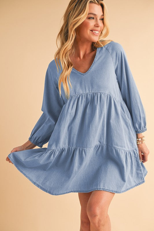 Puff Sleeve Tiered Ruffled Chambray Mini Dress