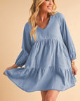 Puff Sleeve Tiered Ruffled Chambray Mini Dress