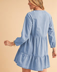 Puff Sleeve Tiered Ruffled Chambray Mini Dress