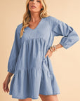 Puff Sleeve Tiered Ruffled Chambray Mini Dress