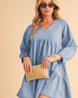 Puff Sleeve Tiered Ruffled Chambray Mini Dress