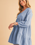 Puff Sleeve Tiered Ruffled Chambray Mini Dress