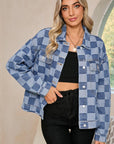 Checkered Patchwork Button Up Denim Jacket