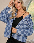 Checkered Patchwork Button Up Denim Jacket