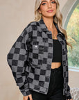 Checkered Patchwork Button Up Denim Jacket