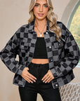 Checkered Patchwork Button Up Denim Jacket