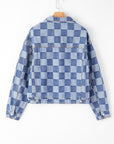 Checkered Patchwork Button Up Denim Jacket