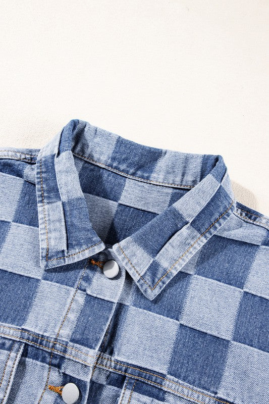 Checkered Patchwork Button Up Denim Jacket