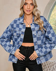 Checkered Patchwork Button Up Denim Jacket