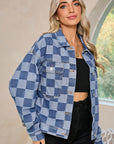 Checkered Patchwork Button Up Denim Jacket