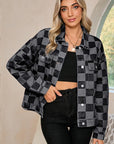 Checkered Patchwork Button Up Denim Jacket