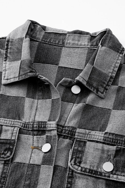 Checkered Patchwork Button Up Denim Jacket