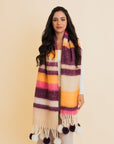 Leto Accessories Contrast Color Stripes Chunky Pom Tassel Scarf