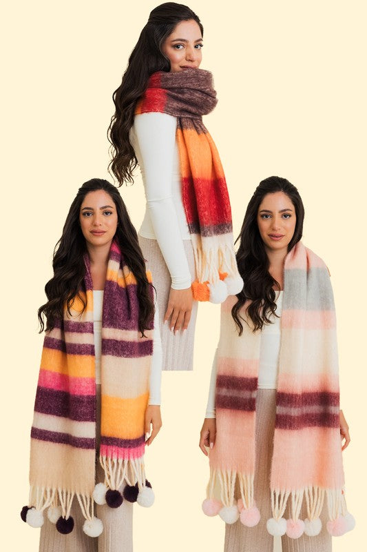 Leto Accessories Contrast Color Stripes Chunky Pom Tassel Scarf