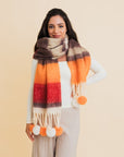 Leto Accessories Contrast Color Stripes Chunky Pom Tassel Scarf