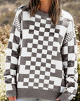 Checkered Drop Shoulder Round Neck Sweater