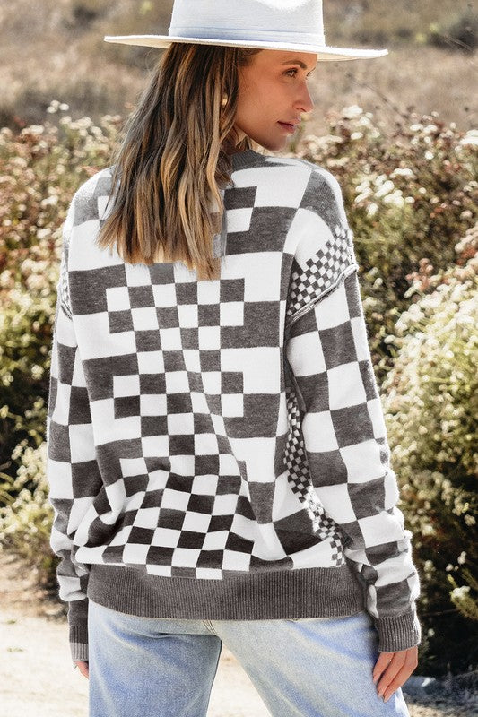 Checkered Drop Shoulder Round Neck Sweater