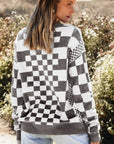 Checkered Drop Shoulder Round Neck Sweater