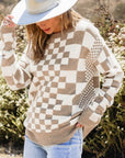 Checkered Drop Shoulder Round Neck Sweater