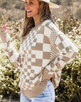 Checkered Drop Shoulder Round Neck Sweater