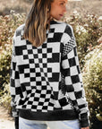 Checkered Drop Shoulder Round Neck Sweater