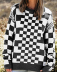 Checkered Drop Shoulder Round Neck Sweater