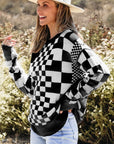 Checkered Drop Shoulder Round Neck Sweater