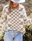 Checkered Drop Shoulder Round Neck Sweater