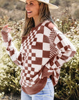 Checkered Drop Shoulder Round Neck Sweater