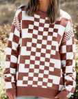 Checkered Drop Shoulder Round Neck Sweater