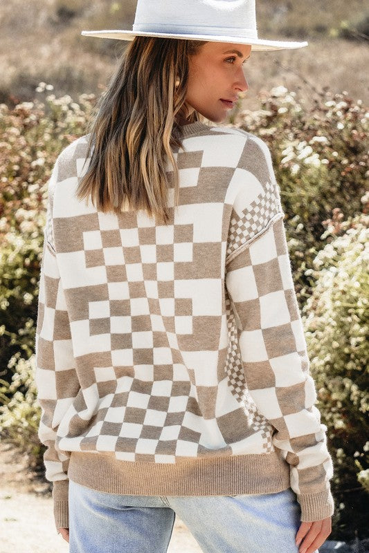 Checkered Drop Shoulder Round Neck Sweater