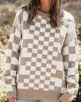 Checkered Drop Shoulder Round Neck Sweater